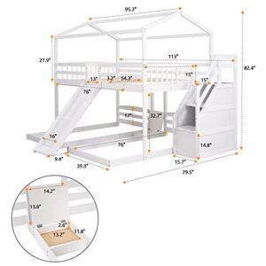 OYN Full Over Twin & Twin Floor Triple House Bunk Bed with Slide, Storage Staircase, Built-in Drawer and Shelf for Children Teens Boys and Girls ,Modren Bedroom Bedframe Furniture, White