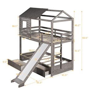 HYC Twin Over Twin Bunk Bed for Kids Toddlers, Wooden Bunk Bed with Slide and 2 Storage Drawers, House-Shaped Bunk Bed for Girls Boys,Gray