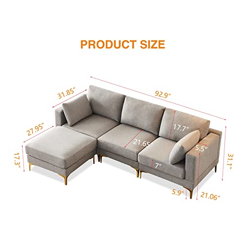 Ucloveria Modern Sectional Sofa, L-Shape Couch with Chaise Lounge for Living Room, Grey Fabric