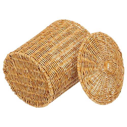 FOMIYES Plastic Rattan Basket Rattan Round Waste Basket with Lid Woven Trash Can Garbage Container Bin Flower Basket for Bathroom Kitchen Home Office Rattan Clothes Hamper