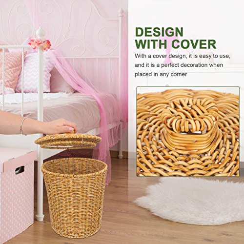 FOMIYES Plastic Rattan Basket Rattan Round Waste Basket with Lid Woven Trash Can Garbage Container Bin Flower Basket for Bathroom Kitchen Home Office Rattan Clothes Hamper