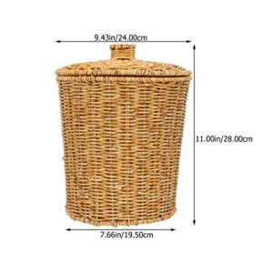 FOMIYES Plastic Rattan Basket Rattan Round Waste Basket with Lid Woven Trash Can Garbage Container Bin Flower Basket for Bathroom Kitchen Home Office Rattan Clothes Hamper