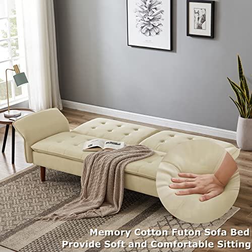 Ucloveria Futon Sofa Bed, Linen Fabric Memory Foam Sleeper Sofa Couch, Modern Convertible Loveseat for Compact Living Spaces, Studio, Apartment, Dorm, Guest Room, Home Office, 67" Beige