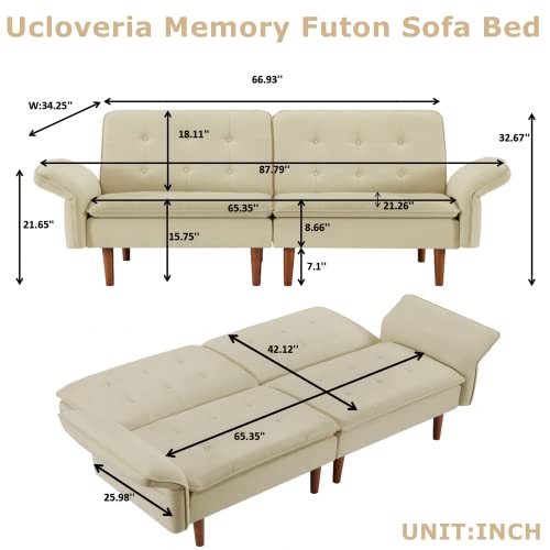 Ucloveria Futon Sofa Bed, Linen Fabric Memory Foam Sleeper Sofa Couch, Modern Convertible Loveseat for Compact Living Spaces, Studio, Apartment, Dorm, Guest Room, Home Office, 67" Beige