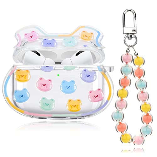 Cute AirPod Pro 2 Cases Clear Funny Bear Design with Coloful Round Bead Bracelet Soft Protective Cover Compatible with AirPods Pro 2nd Generation 2022 Case