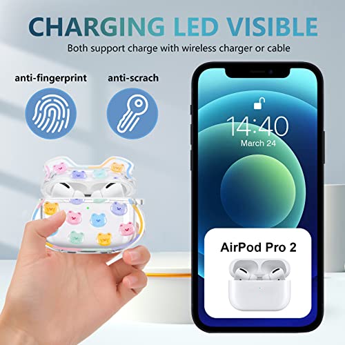 Cute AirPod Pro 2 Cases Clear Funny Bear Design with Coloful Round Bead Bracelet Soft Protective Cover Compatible with AirPods Pro 2nd Generation 2022 Case