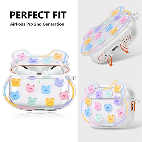 Cute AirPod Pro 2 Cases Clear Funny Bear Design with Coloful Round Bead Bracelet Soft Protective Cover Compatible with AirPods Pro 2nd Generation 2022 Case