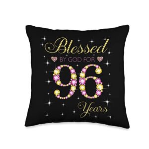 blessed by god 96th birthday gift for ladies blessed by god for 96 years old 96th birthday gift for women throw pillow, 16x16, multicolor