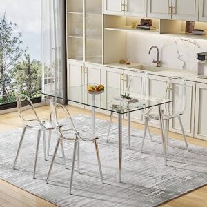 51 inch glass dining table set for 4, dining table & chair sets with silver plating legs for kitchen, modern rectangle tempered glass table top and transparent plastic dining chair for dining room