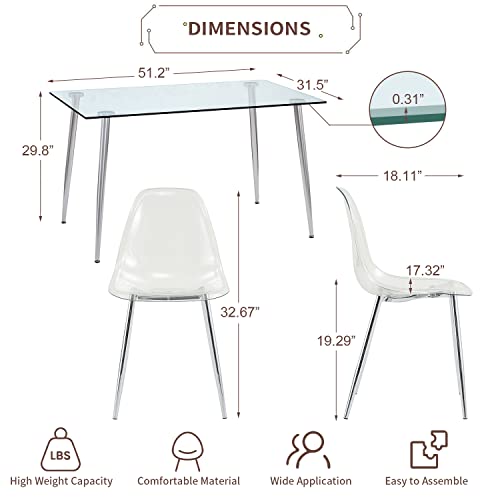 51 inch Glass Dining Table Set for 4, Dining Table & Chair Sets with Silver Plating Legs for Kitchen, Modern Rectangle Tempered Glass Table Top and Transparent Plastic Dining Chair for Dining Room