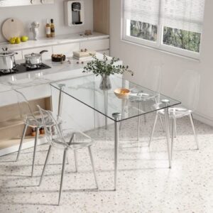 51 inch Glass Dining Table Set for 4, Dining Table & Chair Sets with Silver Plating Legs for Kitchen, Modern Rectangle Tempered Glass Table Top and Transparent Plastic Dining Chair for Dining Room