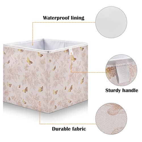 Kigai Floral Golden Butterfly Bow Storage Box, Foldable Storage Bins with Handle, Decorative Closet Organizer Storage Boxes for Home