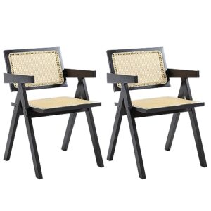 civama rattan dining chairs set of 2, retro woven chairs for dining room mid-century modern armchairs, breathable rattan back & seat, solid wooden frame, kitchen chairs for home restaurant, black
