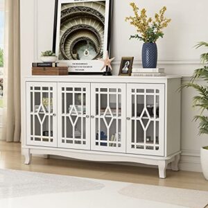 ecacad sideboard buffet cabinet with 6 storage compartments & 4 carved glass doors, kitchen console table storage cabinet coffee bar accent cabinet for living room, hallway, white