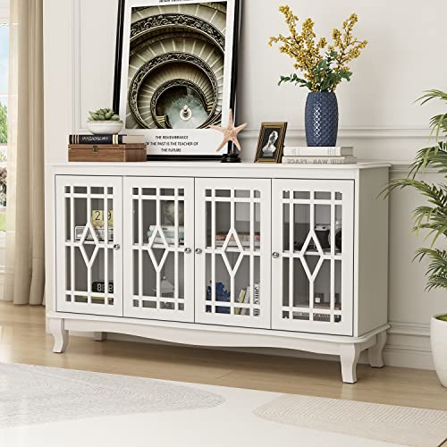 ECACAD Sideboard Buffet Cabinet with 6 Storage Compartments & 4 Carved Glass Doors, Kitchen Console Table Storage Cabinet Coffee Bar Accent Cabinet for Living Room, Hallway, White