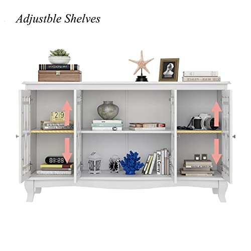 ECACAD Sideboard Buffet Cabinet with 6 Storage Compartments & 4 Carved Glass Doors, Kitchen Console Table Storage Cabinet Coffee Bar Accent Cabinet for Living Room, Hallway, White