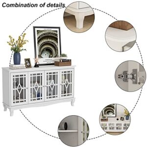 ECACAD Sideboard Buffet Cabinet with 6 Storage Compartments & 4 Carved Glass Doors, Kitchen Console Table Storage Cabinet Coffee Bar Accent Cabinet for Living Room, Hallway, White