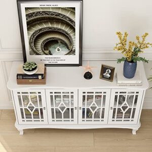 ECACAD Sideboard Buffet Cabinet with 6 Storage Compartments & 4 Carved Glass Doors, Kitchen Console Table Storage Cabinet Coffee Bar Accent Cabinet for Living Room, Hallway, White