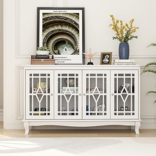 ECACAD Sideboard Buffet Cabinet with 6 Storage Compartments & 4 Carved Glass Doors, Kitchen Console Table Storage Cabinet Coffee Bar Accent Cabinet for Living Room, Hallway, White