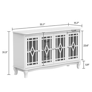 ECACAD Sideboard Buffet Cabinet with 6 Storage Compartments & 4 Carved Glass Doors, Kitchen Console Table Storage Cabinet Coffee Bar Accent Cabinet for Living Room, Hallway, White