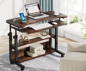 tribesigns portable desk with wireless charging station, height adjustable side table sofa couch bedside laptop computer cart with usb ports, mobile small standing desk with keyboard tray