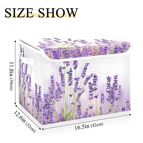 WELLDAY Lavender Flowers Storage Baskets Foldable Cube Storage Bin with Lids and Handle, 16.5x12.6x11.8 In Storage Boxes for Toys, Shelves, Closet, Bedroom, Nursery