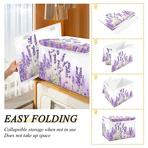 WELLDAY Lavender Flowers Storage Baskets Foldable Cube Storage Bin with Lids and Handle, 16.5x12.6x11.8 In Storage Boxes for Toys, Shelves, Closet, Bedroom, Nursery