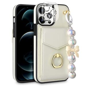 hiandier for iphone 12 pro max 6.7-inch wallet case with bracelet chain + camera lens protector, with rfid blocking card holder 360° rotation ring stand kickstand protective pu leather cover, beige