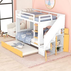 homsof twin over twin bunk bed with trundle,stairs,ladders solid wood bunk bed with storage cabinet （white + yellow）