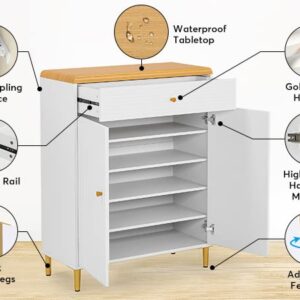 Tribesigns Shoe Cabinet for Entryway, 5-Tier Modern Shoe Rack with Doors and Drawer, Wooden Shoe Storage Cabinet with Adjustable Shelves, Freestanding Shoe Organizer for Hallway Closet Bedroom(White)