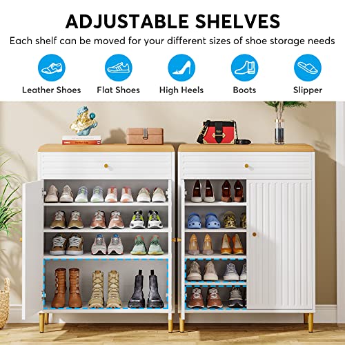 Tribesigns Shoe Cabinet for Entryway, 5-Tier Modern Shoe Rack with Doors and Drawer, Wooden Shoe Storage Cabinet with Adjustable Shelves, Freestanding Shoe Organizer for Hallway Closet Bedroom(White)