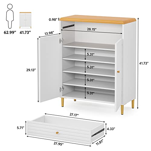 Tribesigns Shoe Cabinet for Entryway, 5-Tier Modern Shoe Rack with Doors and Drawer, Wooden Shoe Storage Cabinet with Adjustable Shelves, Freestanding Shoe Organizer for Hallway Closet Bedroom(White)