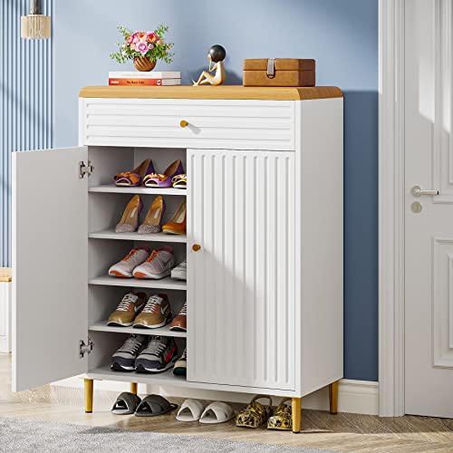 Tribesigns Shoe Cabinet for Entryway, 5-Tier Modern Shoe Rack with Doors and Drawer, Wooden Shoe Storage Cabinet with Adjustable Shelves, Freestanding Shoe Organizer for Hallway Closet Bedroom(White)