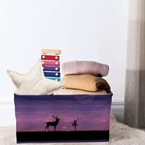 1 Pack Forest Deer Cube Storage Organizer Bins with Handles,Collapsible Canvas Cloth Fabric Storage Basket,Wild Purple Starry Sky Sunset Dancing Women Books Kids' Toys Bin Boxes for Shelves,Closet