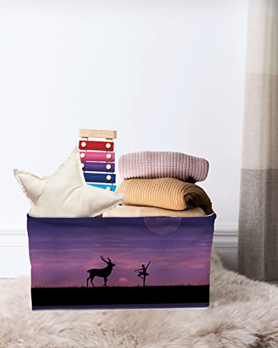 1 Pack Forest Deer Cube Storage Organizer Bins with Handles,Collapsible Canvas Cloth Fabric Storage Basket,Wild Purple Starry Sky Sunset Dancing Women Books Kids' Toys Bin Boxes for Shelves,Closet