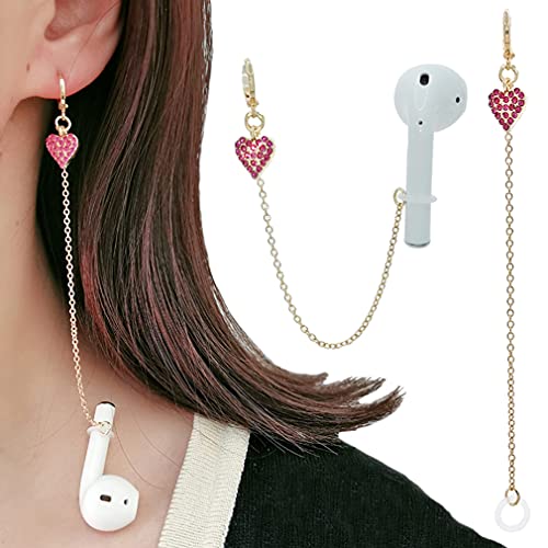 Pink Diamond Heart Airpod Earrings Anti Lost Earring Strap for Airpods Anti Lost Strap for Airpods Pro, Wireless Earhooks Earbuds Earphone Holder Connector, Compatible with Airpods 1&2&3/Pro