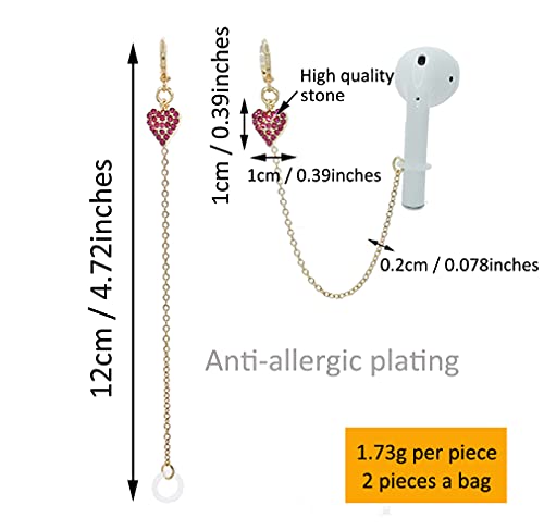 Pink Diamond Heart Airpod Earrings Anti Lost Earring Strap for Airpods Anti Lost Strap for Airpods Pro, Wireless Earhooks Earbuds Earphone Holder Connector, Compatible with Airpods 1&2&3/Pro