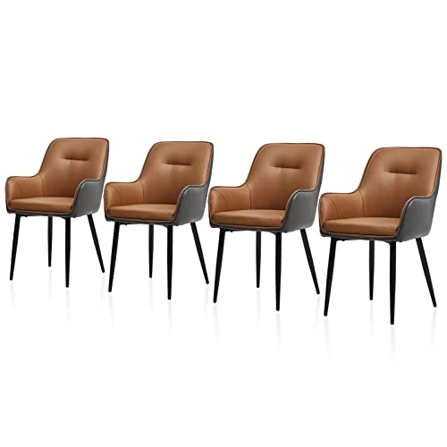 TUKAILAI Modern Accent Chairs Set of 4, Ergonomic PU Leather Upholstered Kitchen Dining Chair with Padded Seat and Metal Legs, Occasional Armchair for Leisure Lounge Reception (Brown + Grey)