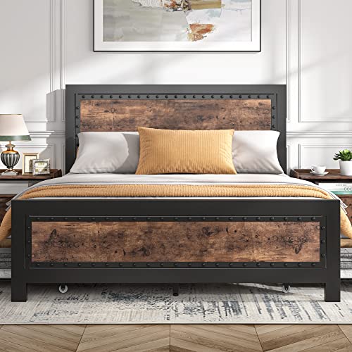 Keyluv King Size Bed Frame with 4 Storage Drawers, Rivet Modern Headboard and Footboard Platform Bed with Solid Wood Slats Support, No Box Spring Needed, Metal Frame Mattress Foundation Noise-Free