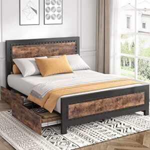 Keyluv King Size Bed Frame with 4 Storage Drawers, Rivet Modern Headboard and Footboard Platform Bed with Solid Wood Slats Support, No Box Spring Needed, Metal Frame Mattress Foundation Noise-Free