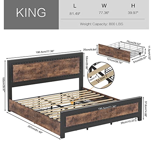 Keyluv King Size Bed Frame with 4 Storage Drawers, Rivet Modern Headboard and Footboard Platform Bed with Solid Wood Slats Support, No Box Spring Needed, Metal Frame Mattress Foundation Noise-Free