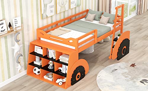 LOVMOR Full-Over-Full Bunk Bed with Trundle, Loft Bed with Bedside Storage Bookshelf Safety Guardrail and Ladder, Bedframe w/Wood Slat Support, Easy to Assemble, White