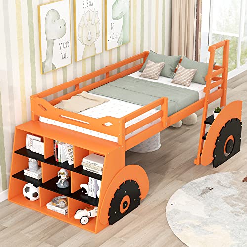 LOVMOR Full-Over-Full Bunk Bed with Trundle, Loft Bed with Bedside Storage Bookshelf Safety Guardrail and Ladder, Bedframe w/Wood Slat Support, Easy to Assemble, White