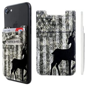 cell phone adhesive stick on wallet sleeve double pocket lycra credit id card holder pouch little wallet retro flag deer design for iphone ipad samsung galaxy android smartphones