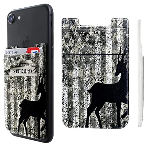 Cell Phone Adhesive Stick On Wallet Sleeve Double Pocket Lycra Credit ID Card Holder Pouch Little Wallet Retro Flag Deer Design for iPhone ipad Samsung Galaxy Android Smartphones