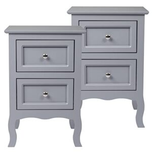 SoSo-BanTian1989 Pack of 2pcs Grey Finish Wood Nightstand with 2-Drawers, Bedside Cabinet Country Style Bedroom Furniture