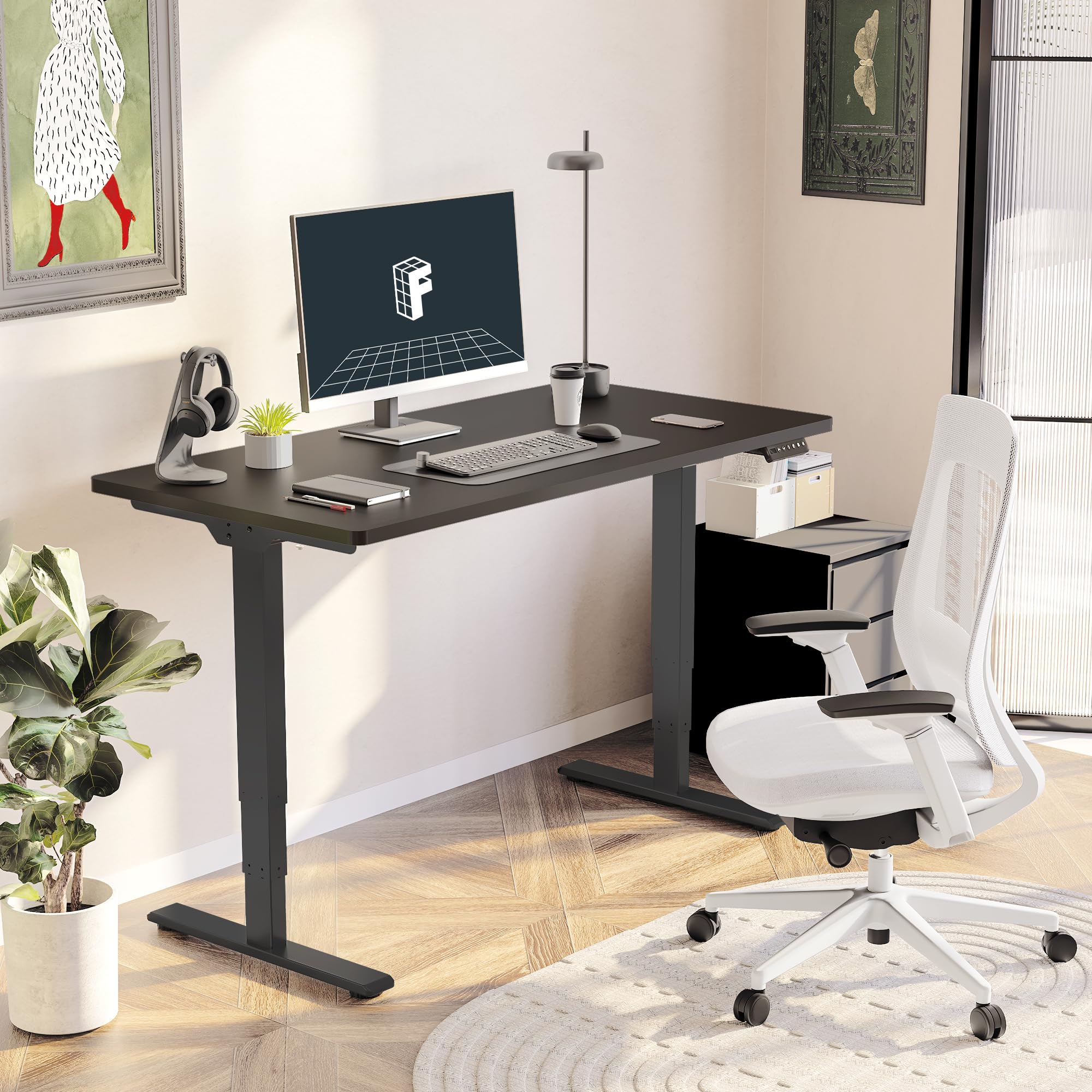 FLEXISPOT Standing Desk Dual Motor 3 Stages Whole-Piece Electric Stand Up Desk 55x28 Inch Height Adjustable Desk Home Office Desk (Black Frame + Black Desktop, 2 Packages)