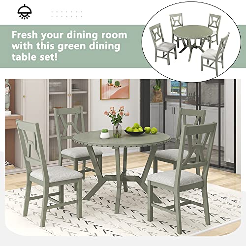 Voohek Kitchen Dining Set, 5-Piece Round Wood Table and Chair, Classic Family Furniture for Dinette, Compact Space, Green