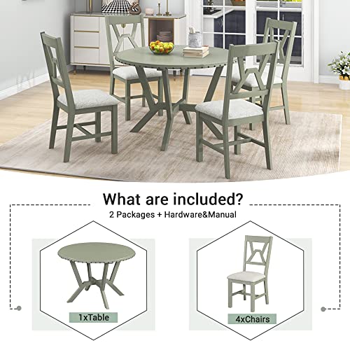 Voohek Kitchen Dining Set, 5-Piece Round Wood Table and Chair, Classic Family Furniture for Dinette, Compact Space, Green