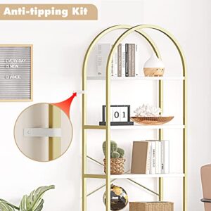 IDEALHOUSE Bookshelf 5 Tier Bookcase Arched Display Racks Tall Standing Bookshelves Metal Frame Modern Storage Rack Shelf Large Wood Book Shelf for Bedroom, Living Room, Home Office, White/Gold